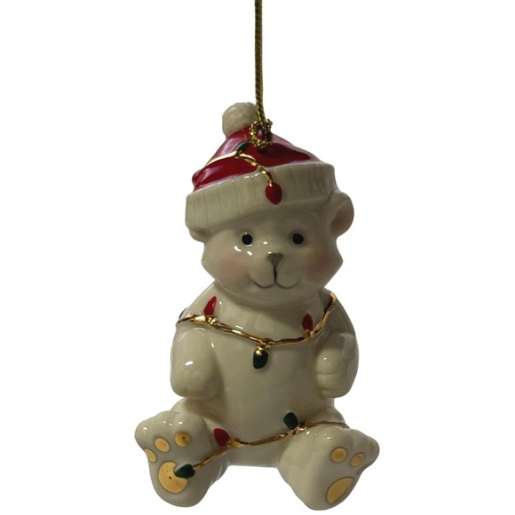 Lenox Tangled in Christmas lights Teddy Bear Red Hat Porcelain Ornament 3.5"H - Picture 1 of 12